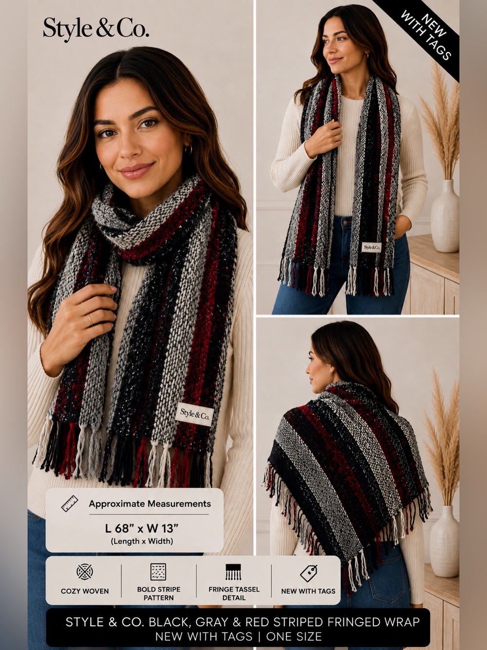 Style & Co. Black, Gray & Red Striped Fringed Scarf Wrap NEW One Size